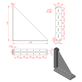 Уголок 495х495 мм большой стальной с ребром для профиля серии 45 чертеж