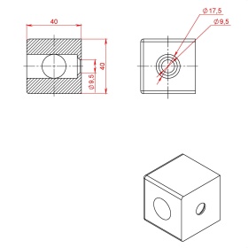 Чертеж кубического соединителя на три стороны, к профилям 40х40