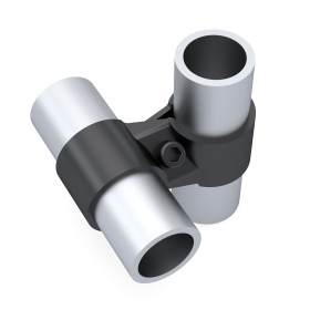 DF6B — кронштейн соединительный, компактный угловой элемент для труб Ø28 мм, черный матовый металл.