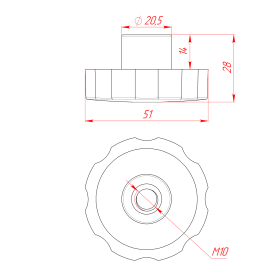 Чертёж гайки М10 с пластиковым основанием D50