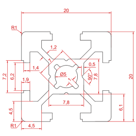 Чертеж профиля 20х20 паз 6 мм
