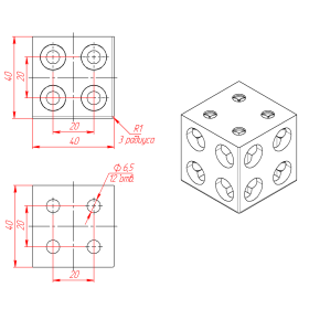 Чертёж соединителя на 3 стороны для профиля 20х40х40