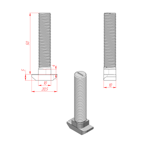 Чертёж т-образного болта М10х50 для конструкционных профилей с пазом 10 мм
