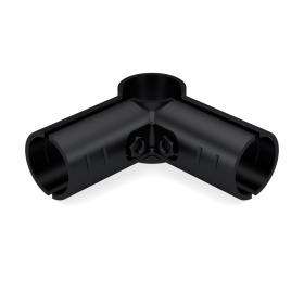 Монтажный вид: установка кронштейна DF2B для соединения трёх труб Ø28 мм в 90° друг к другу