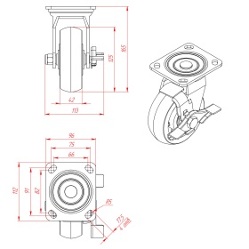 Чертеж колеса RSI91212501-02: габариты, платформа, тормоз, диаметр 120 мм, допустимая нагрузка 300 кг