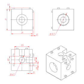 Чертёж кубического соединителя на 3 стороны для профиля 25х25