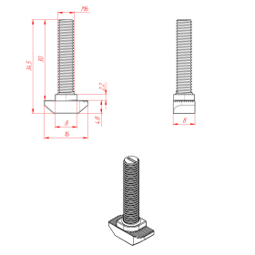 Чертеж болта Т-образного М6х30 мм под паз 8 мм