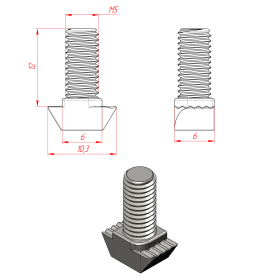 Чертеж Т-болта М5х12 для паза 6 мм
