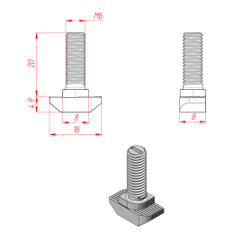 Чертеж - Болт Т-образный (Т-Болт) М6х20 (3842523921)