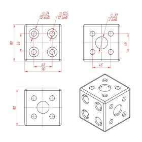 Чертёж кубического соединителя 90х90 мм на три стороны