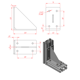 Стальной уголок с ребром жесткости 4 мм для профиля серии 40 чертеж