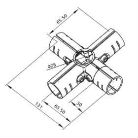 Чертёж: Угловой кронштейн DF5B для перпендикулярного соединения пяти труб 28 мм