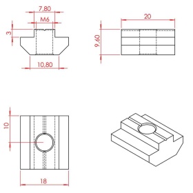 Чертеж алюминиевого пазового сухаря М6, к профилям серии 40