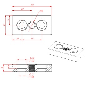 Чертёж артикул 7002-AL-Slot10-M16 | Опорная плита алюминиевая M16-40х80 паз 10