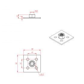 Чертеж стальной опорной плиты 90х90 под опору с резьбой М20