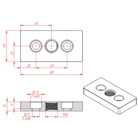 Чертёж с размерами, обозначение: 7002-AL-Slot8-M16. Наименование: Опорная плита алюминиевая M16-40х80 паз 8