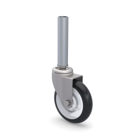 RSI-FHJ504 в сборе с трубами и кронштейном — общий вид поворотного ролика диаметром 125 мм с втулкой 23 мм в установленной конфигурации на трубе.