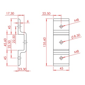 Чертеж двустороннего кронштейна для крепления панелей и сеток в конструкциях из профиле 45х45