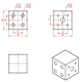 Чертёж кубического соединителя 80х80 мм на две стороны