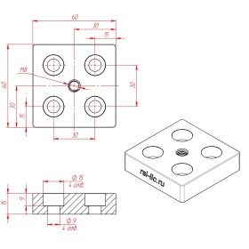 Чертёж, артикул 7004-AL-M8. Наименование: Опорная плита алюминиевая M8-60х60