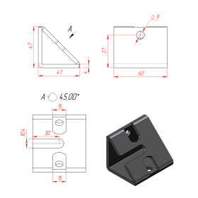 Чертёж соединителя алюминиевых конструкционных профилей на три стороны