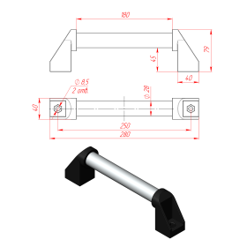 Чертёж дверной ручки из алюминия 250 мм