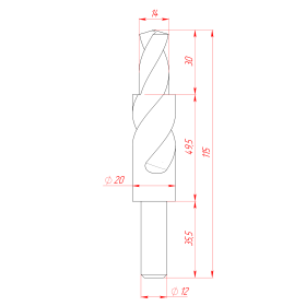 Чертёж сверла под имбус 14х20х180 градусов