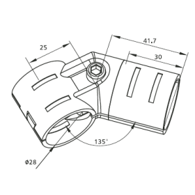 Чертёж кронштейна DF14B с указанием угла 135° и диаметра труб Ø28 мм