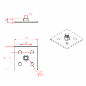 Чертеж опорной плиты 90х90 мм для регулируемой опоры с резьбой М12