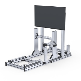 Общий вид сборки: сингл скрин интегрирован с кокpit-сиденьем, вид под углом, видны крепления и рельсы