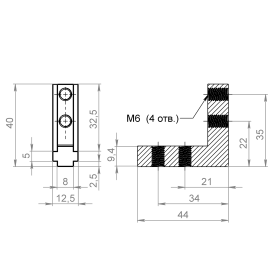 Чертеж углового соединителя паз 8 мм, соединитель профиль 40, соединитель профиль 60, соединитель профиль 80