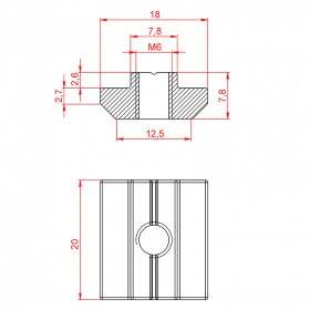 Чертёж пазового сухаря для конструкционного профиля с пазом 8 и 10 мм. Резьба М6