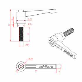 Чертеж ручки с фиксатором и внешней резьбой М10х32