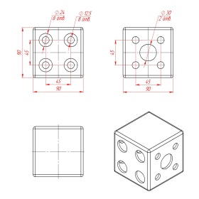 Чертёж стального кубического соединителя 90х90 на две стороны