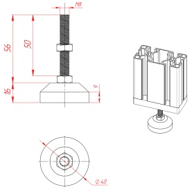 Чертёж регулируемой ножки из нержавеющей стали, артикул 7591