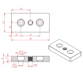 Чертёж: артикул 7002-AL-Slot8-M10, Наименование: Опорная плита алюминиевая M10-40х80 паз 8
