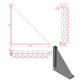 Стальной большой уголок 600х600 мм с ребром жесткости 4 мм чертеж