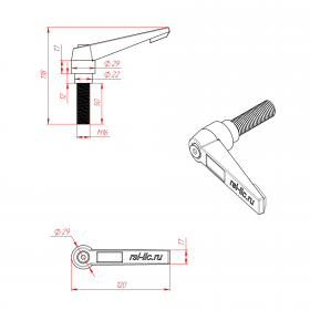Чертёж ручки с фиксатором и резьбой М16х50