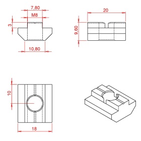 Схема алюминиевого пазового сухаря М8, к профилям серии 40