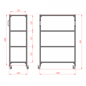 Чертёж подкатной стойки 600х1200х1800 на 4 полки
