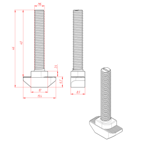 Чертеж Т-образного болта М6х40 мм для профилей с пазом 10 мм