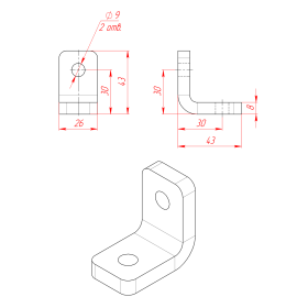 Чертеж стального углового соединителя 30х45 мм, сталь 8 мм, для конструкционных профилей серии 30