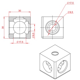 Чертеж трехстороннего кубического соединителя к профилям 30х30