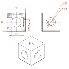 Чертеж трехстороннего кубического соединителя, арт. 2073, к станочным профилям 45х45