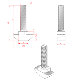 Чертеж Т-образного болта М6х30 мм для профилей с пазом 10 мм