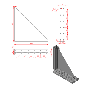 Сварной большой стальной уголок 440х440 мм с ребром жесткости для профиля серии 40 чертеж