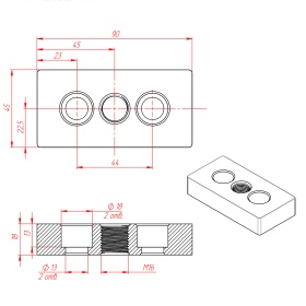Чертёж, артикул 7003-AL-M16.  Наименование: Опорная плита алюминиевая M16-45х90