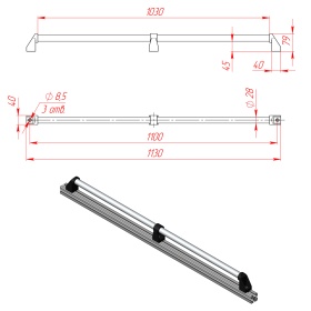 Алюминиевая ручка для дверей DH28-L1100-E2-C1, размеры