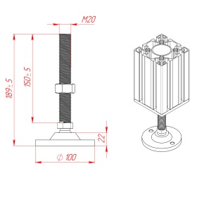 Детальное изображение шпильки М20х150 и её размеров (опора, артикул 7794).