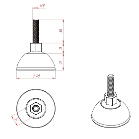 Опора с пластиковым основанием М8х30, пятка 49 мм